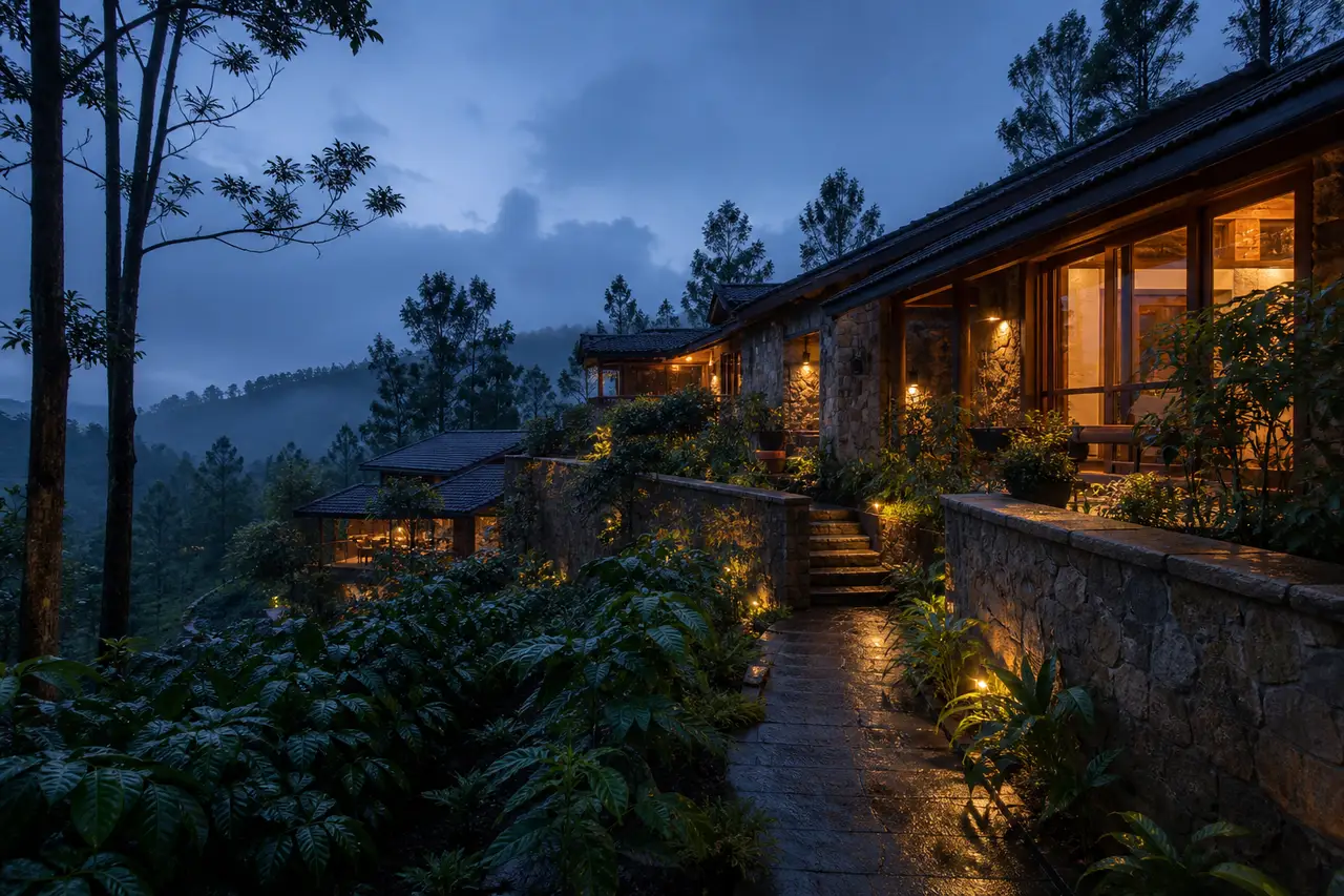 Conceptual low-rise stone residences in coffee-country at evening