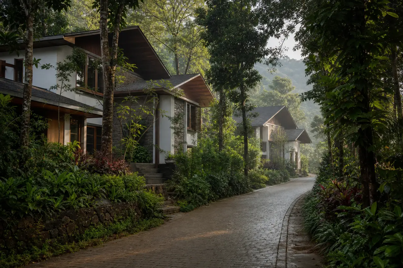 Conceptual low-rise villa lane in a wooded highland setting