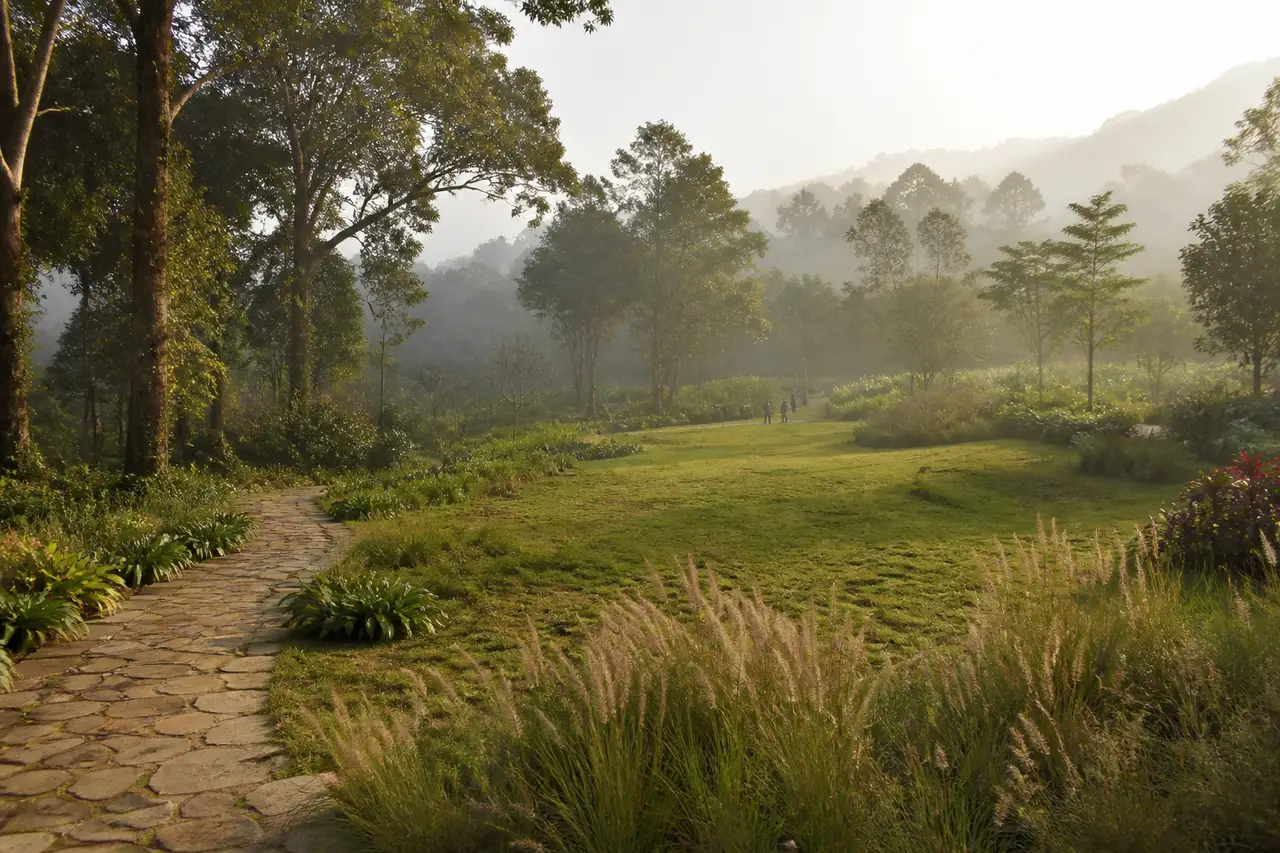 Conceptual open garden meadow at a woodland edge