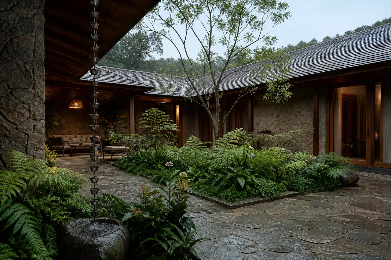 Conceptual stone and timber rain courtyard